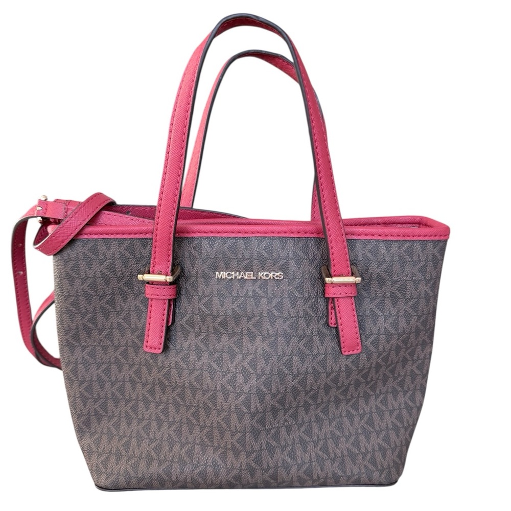 Michael Kors Jet Set Travel Signature Logo brown & red top zip small tote bag - Picture 1 of 15